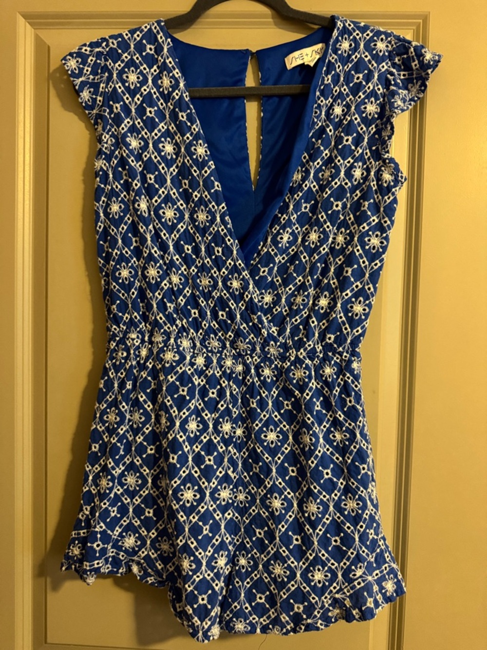 She + Sky Blue and White Printed V-Neck Romper